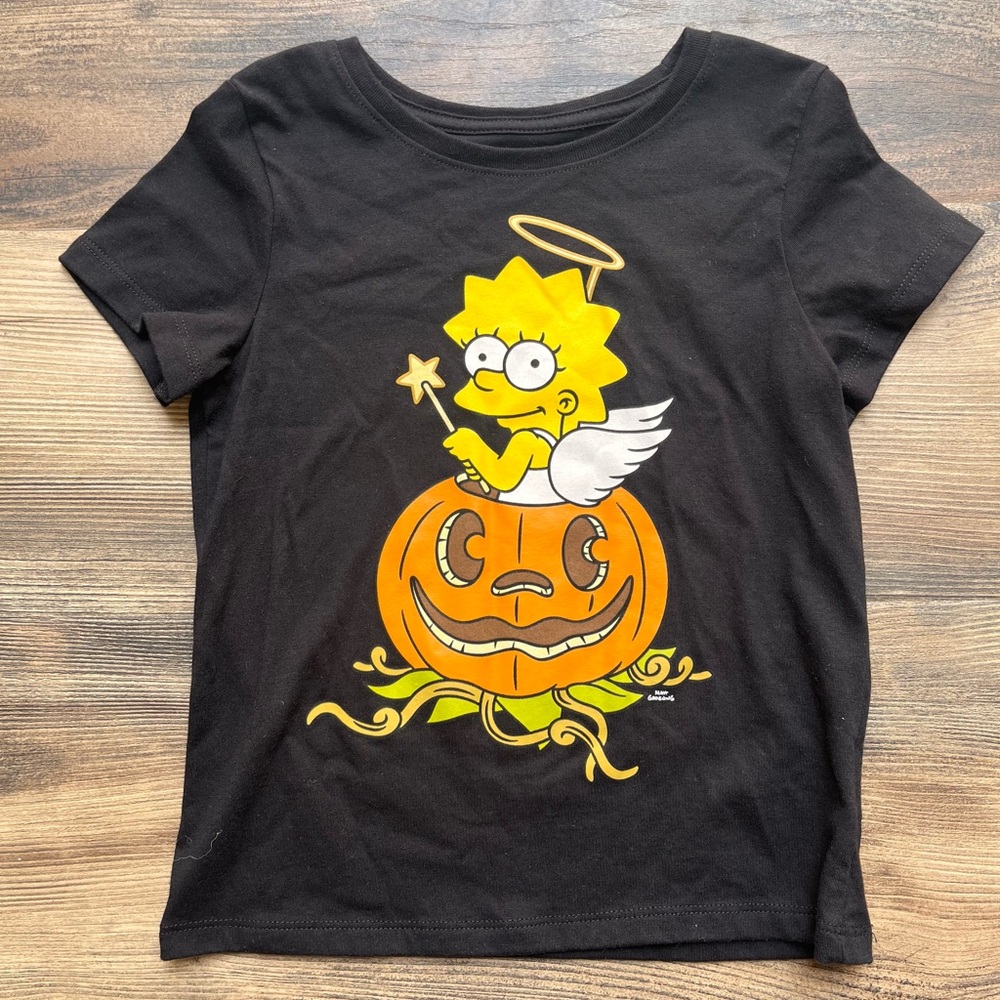 Old Navy Black Tee with Yellow Angel Lisa and Orange Pumpkin Small